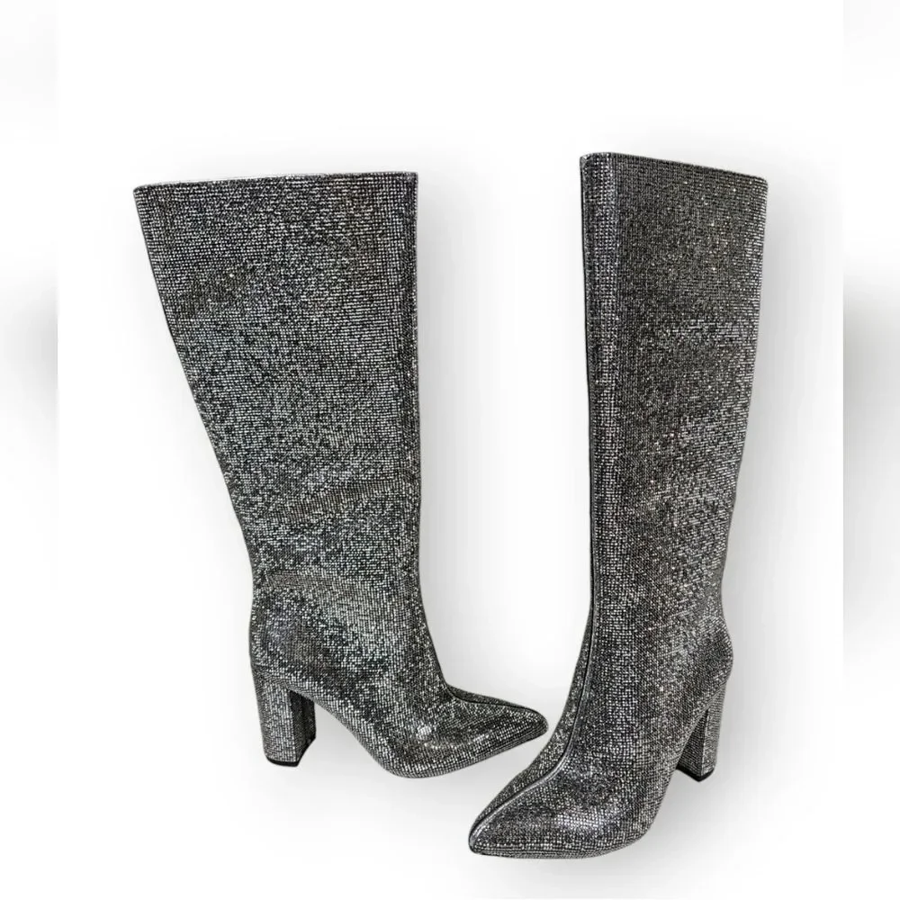 New INC Tall Sparke Knee High Boots Block Heel Pewter Crystal Sz 5 Taylor Swift